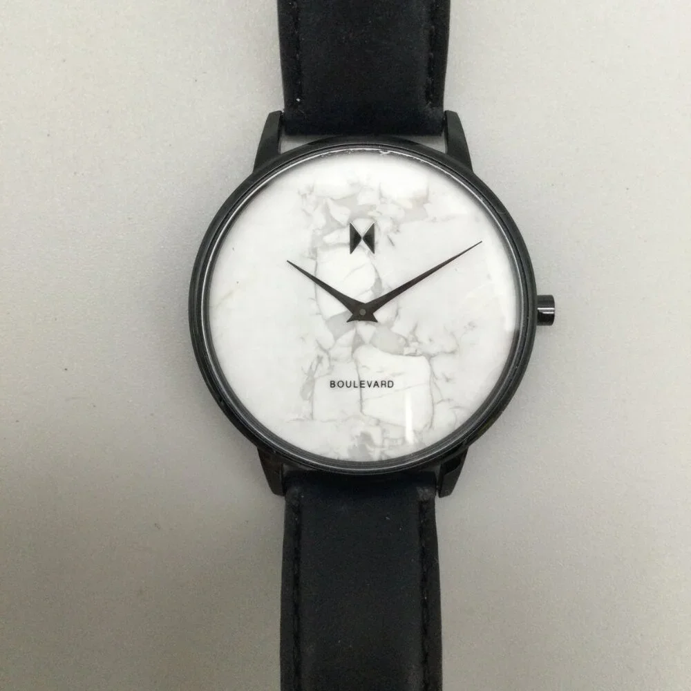 MVMT Boulevard Marble Watch Men 38mm Black Leather Band New Battery